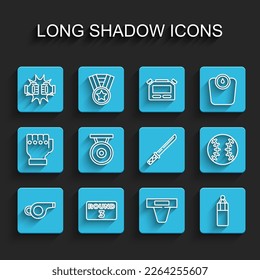 Set line Whistle, Boxing ring board, Punch boxing gloves, Groin guard, Punching bag, Gong, Baseball ball and Japanese katana icon. Vector
