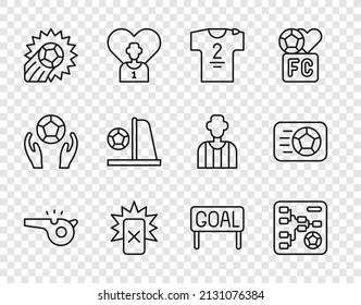 Set line Whistle, Championship tournament bracket, Football jersey and t-shirt, Red card football, Soccer, goal with, Goal soccer and icon. Vector