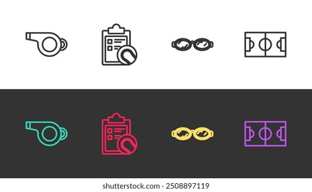 Set line Whistle, Checklist clipboard and tennis ball, Glasses for swimming and Football soccer field on black and white. Vector
