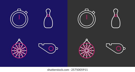 Set line Whistle, Classic dart board, Bowling pin and Stopwatch icon. Vector