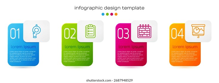 Establecer silbato de línea, Para hacer lista o planificación, Calendario y pizarra con gráfico. Plantilla de infografía de negocios. Vector