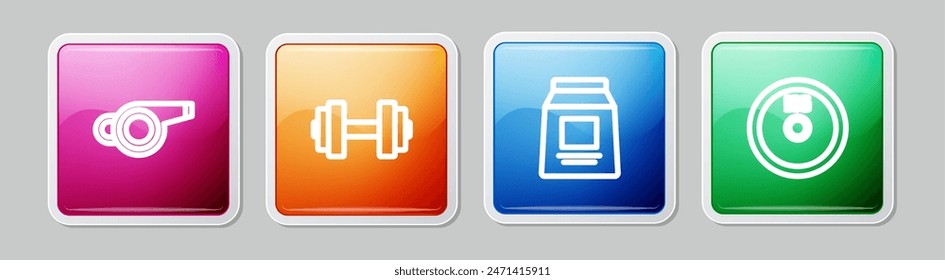 Set line Whistle, Dumbbell, Sports nutrition and Weight plate. Colorful square button. Vector