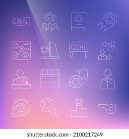 Set line Whistle, Football or soccer commentator, Substitution football player, learning book, goal with, Championship tournament bracket, Goal and  icon. Vector