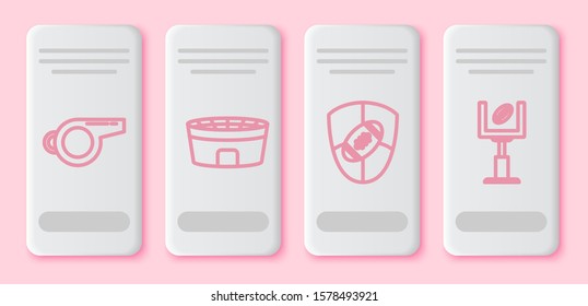 Set line Whistle, Football stadium, American Football ball and shield and American football goal post and football ball. White rectangle button. Vector