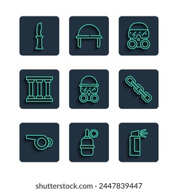 Set line Whistle, Hand grenade, Pepper spray, Gas mask, Prison window, Military knife and Chain link icon. Vector