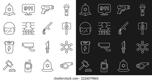 Set Line Whistle, Hexagram Sheriff, Protest, Polizei-Elektroschocker, Verdächtiger Verbrecher, Helm, Britische Polizei und Gummi-Baton-Ikone. Vektorgrafik
