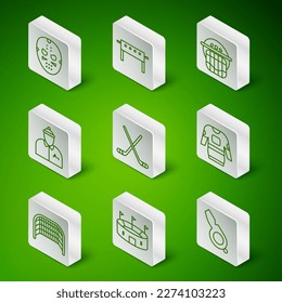 Set line Whistle, Hockey stadium, mask, Ice hockey sticks, coach, table, goal and jersey icon. Vector