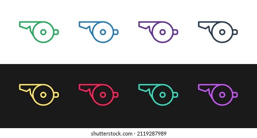 Set line Whistle icon isolated on black and white background. Referee symbol. Fitness and sport sign.  Vector