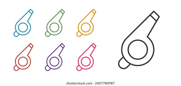 Set line Whistle icon isolated on white background. Referee symbol. Fitness and sport sign. Set icons colorful. Vector