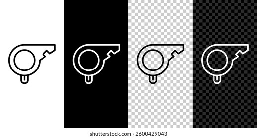 Set line Whistle icon isolated on black and white, transparent background. Referee symbol. Fitness and sport sign.  Vector