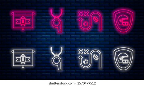Set line Whistle, Planning strategy concept, American football on tv program and American football helmet and shield. Glowing neon icon on brick wall. Vector