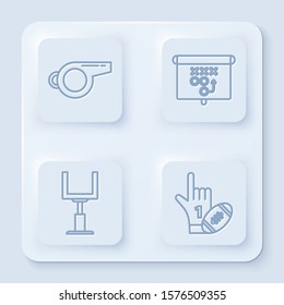 Set line Whistle, Planning strategy concept, American football goal post and Number 1 one fan hand glove with finger raised and american football ball. White square button. Vector