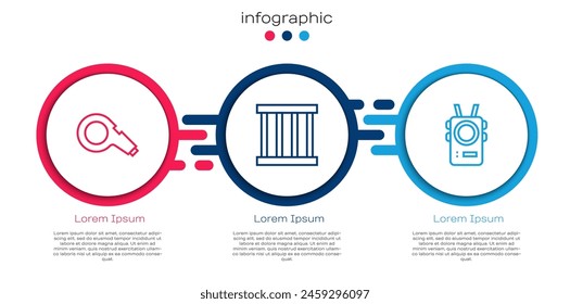 Set line Whistle, Prison window and Police body camera. Business infographic template. Vector