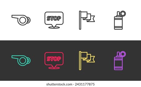 Set line Whistle, Protest, Location marker and Hand grenade on black and white. Vector