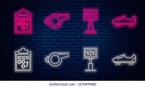 Set line Whistle, Sport football mechanical scoreboard and result display, Planning strategy concept and Soccer or football shoes with spikes. Glowing neon icon on brick wall. Vector