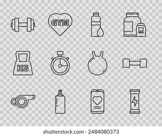 Set line Whistle, Sports nutrition, Fitness shaker, Punching bag, Dumbbell, Stopwatch, Mobile with heart rate and  icon. Vector
