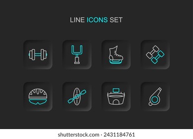 Set line Whistle, Stadium, Kayak and paddle, Bicycle helmet, Dumbbell, Skates, American football goal post and  icon. Vector