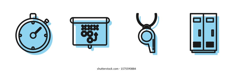 Set line Whistle, Stopwatch, Planning strategy concept and Locker or changing room for football, basketball team or workers icon. Vector