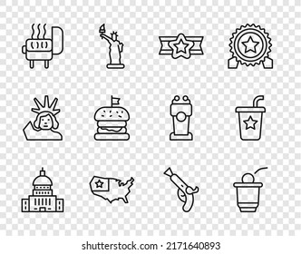 Set Line White House, Beer Pong Spiel, Star American Militär, USA Karte, Barbecue Grill, Burger, Vintage Pistolen und Papier Glas mit Strohsymbol. Vektorgrafik