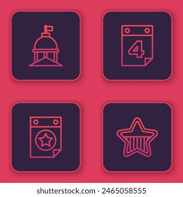 Set line White House, Calendar with date July 4,  and USA Independence day. Blue square button. Vector