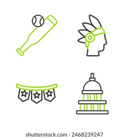 Set line White House, Carnival garland with flags, Native American Indian and Baseball bat ball icon. Vector