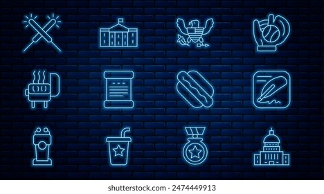 Set line White House, Declaration of independence, Eagle, Barbecue grill, Sparkler firework, Hotdog sandwich and United States Capitol Congress icon. Vector