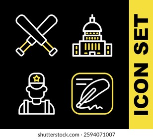 Set line White House, Declaration of independence, Sheriff cowboy and Crossed baseball bat icon. Vector