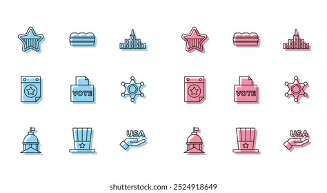 Set line White House, Patriotic American top hat, USA Independence day, Vote box, Hexagram sheriff, Calendar with date July 4 and Sandwich icon. Vector