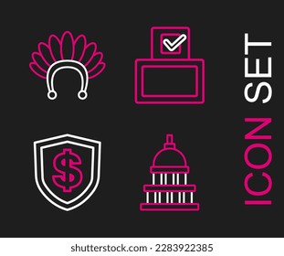 Set line White House, Shield with dollar, Vote box and Indian headdress feathers icon. Vector