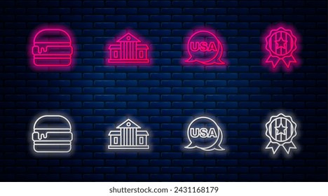 Set line White House, USA Independence day, Burger and Medal with star. Glowing neon icon on brick wall. Vector