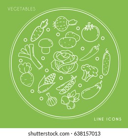 Set of line white vegetable icons in circle isolated on green background. Farm fresh and healthy food vector illustration.