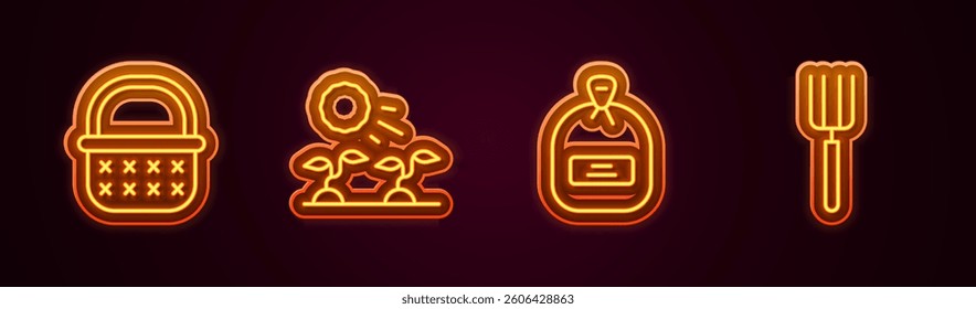 Set line Wicker basket, Plant sprouts grow in the sun, Pack full of seeds and Garden pitchfork. Glowing neon icon. Vector
