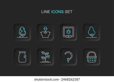 Set line Wicker basket, Sickle, Sprout, Glass jar with screw-cap, Fruit tree, Colorado beetle, Scarecrow and  icon. Vector