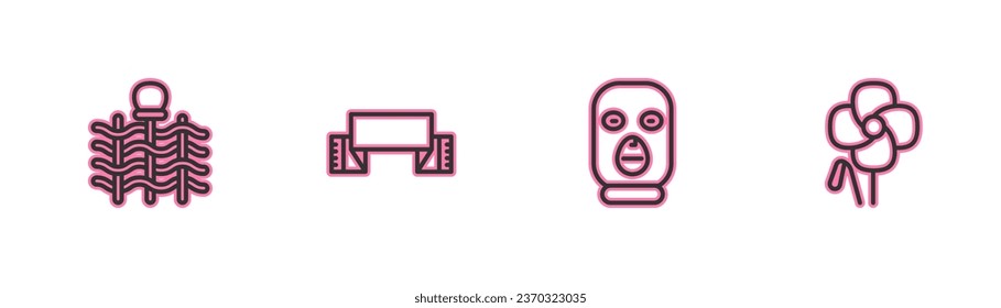Set line Wicker fence, Thief mask, Embroidered towel and Poppy flower icon. Vector