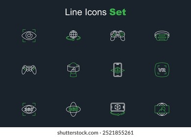 Set line Wide angle picture, 3d modeling, 360 degree view, Virtual reality, glasses and Gamepad icon. Vector