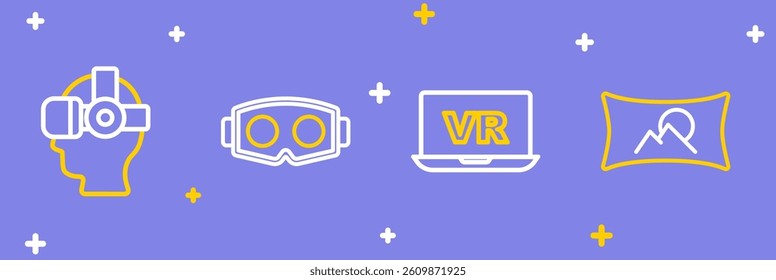 Set line Wide angle picture, Virtual reality, glasses and  icon. Vector