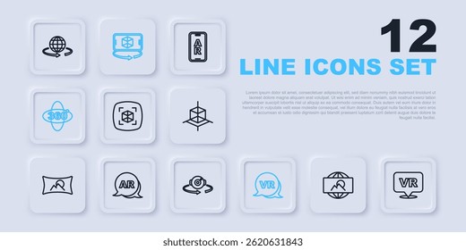 Set line Wide angle picture, Virtual reality, 3d modeling, 360 degree view, Augmented AR,  and  icon. Vector