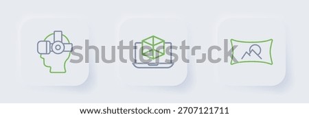 Set line Wide angle picture, 3d modeling and Virtual reality glasses icon. Vector