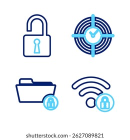 Set line Wifi locked, Folder and, Time Management and Open padlock icon. Vector