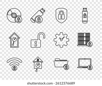 Set line Wifi locked, Laptop and, Shield security with, Retro wall watch, CD or DVD disk, Open padlock, Folder and Server icon. Vector