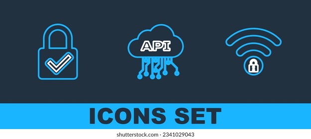 Set line Wifi locked, Lock and check mark and Cloud api interface icon. Vector