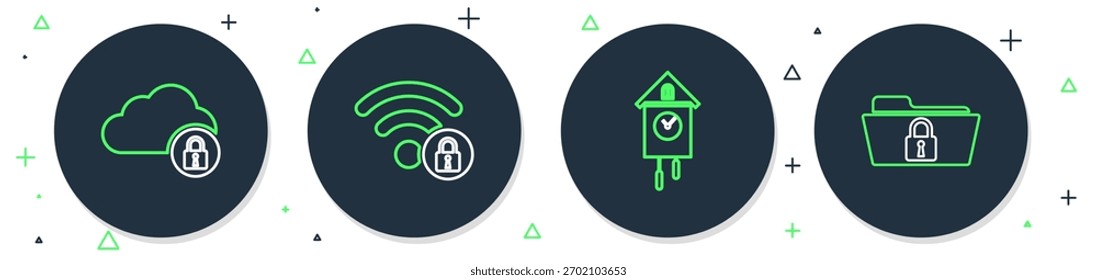 Fije la línea Wifi bloqueado, reloj de pared retro, computación en la nube y carpeta e icono. Vector