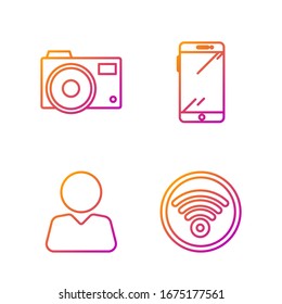 Set line Wi-Fi wireless internet network, Add to friend, Photo camera and Smartphone, mobile phone. Gradient color icons. Vector
