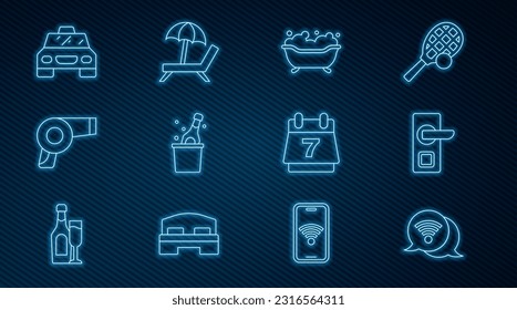 Set-Line Wi-Fi WLAN, Digital-Türschloss, Badewanne, Flasche Champagner, Haartrockner, Taxi-Auto, Hotelbuchungskalender und Sonnenbett mit Schirmsymbol. Vektorgrafik