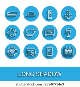Establece la línea Wi-Fi red inalámbrica de Internet, Rv Camping trailer, Aire acondicionado, Móvil con calificación de revisión, Calendario, Café taza, Señal de tráfico e icono de Smart Tv. Vector