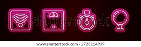 Set line Wi-Fi wireless internet network, Bathroom scales, Stopwatch and Golf ball on tee. Glowing neon icon. Vector
