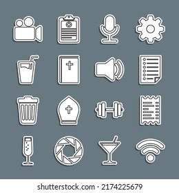 Set line Wi-Fi wireless network, Paper financial check, Document, Microphone, Holy bible book, Glass with water, Movie Video camera and Speaker volume icon. Vector