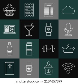 Set-Line Wi-Fi Wireless-Netzwerk, Crown, Mikrofon, Papier Finanzscheck, Martini-Glas, medizinische klinische Aufzeichnung, Einkaufskorb und Smart Uhr mit Icon. Vektorgrafik