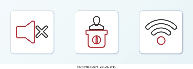 Definir rede sem fio Wi-Fi de linha, Mudo do alto-falante e ícone do balcão de informações. Vetor