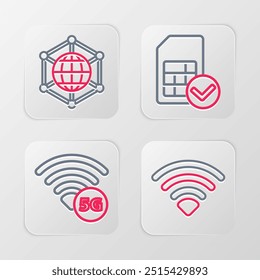 Set line Wi-Fi Wireless-Netzwerk, 5G, Sim-Karte und Social-Icon. Vektorgrafik